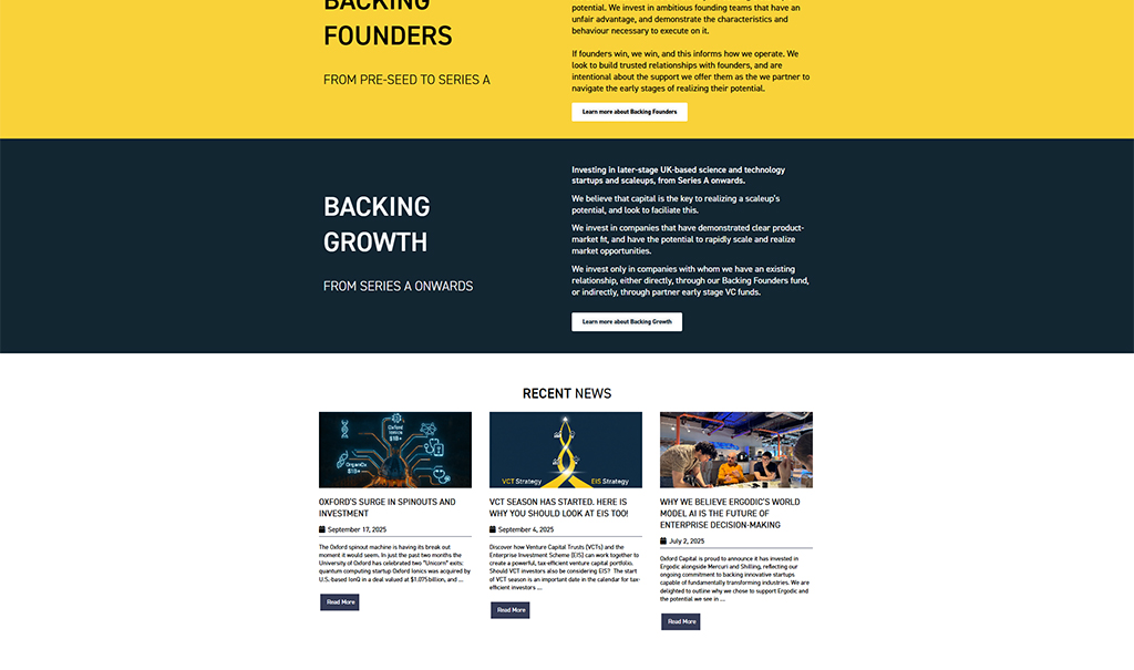 Homepage of a venture capital firm focused on investing in UK-based science and technology startups. The layout features sections on 