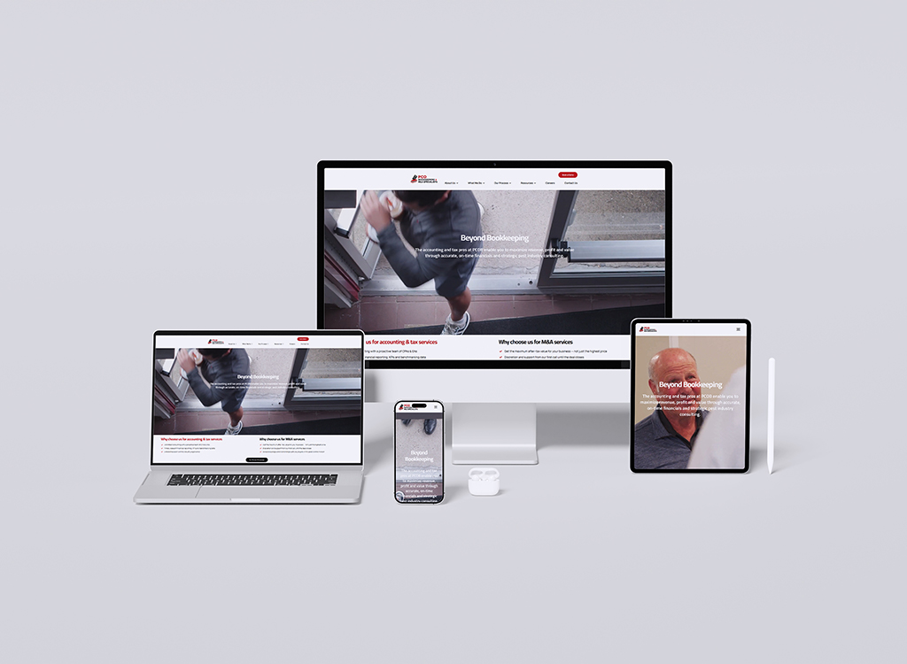 Image showcasing multiple devices including a desktop, laptop, tablet, and smartphone displaying a professional accounting and bookkeeping website. The website highlights services such as tax preparation and financial consulting, emphasizing the benefits of choosing their firm.