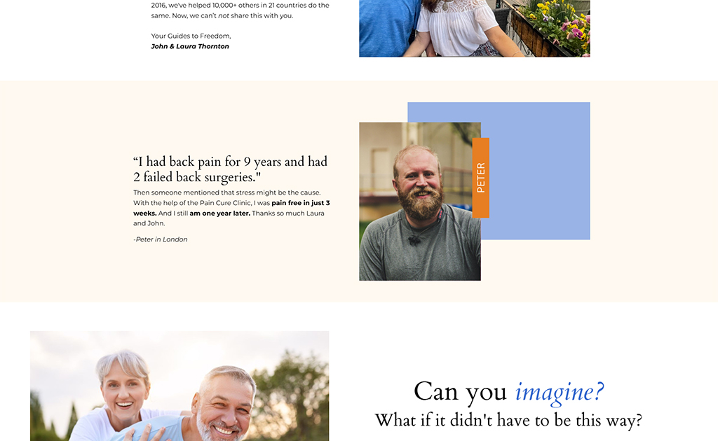 Smiling couple enjoying a sunny day outdoors, surrounded by flowers, promoting wellness and freedom from pain. Testimonial from Peter, a patient who overcame chronic back pain with the help of the Pain Cure Clinic, highlighting a successful recovery journey.