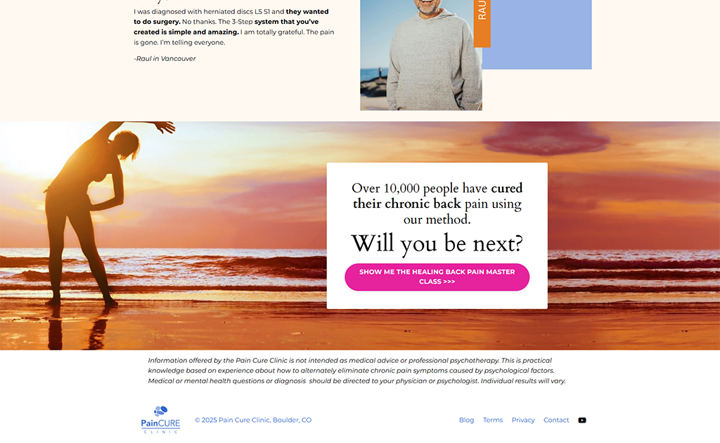 A person stretching on the beach at sunset, symbolizing relief from chronic back pain, with text promoting the Pain Cure Clinic's successful three-step healing method for back pain relief.