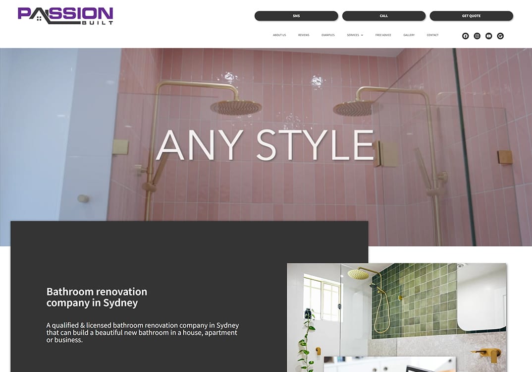 Alt text: Modern bathroom renovation website showcasing stylish shower designs with gold fixtures and pink tiles, featuring the text 