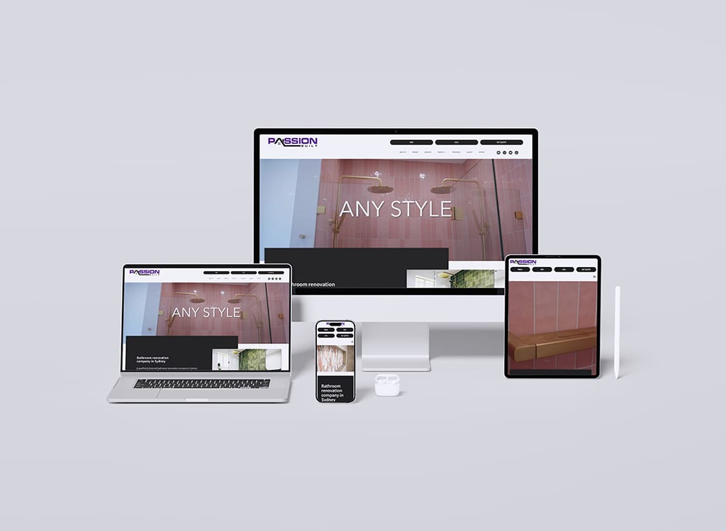 Mockup of a responsive website design showcasing bathroom renovation services, featuring desktop, laptop, tablet, and smartphone displays with a modern aesthetic and the text 