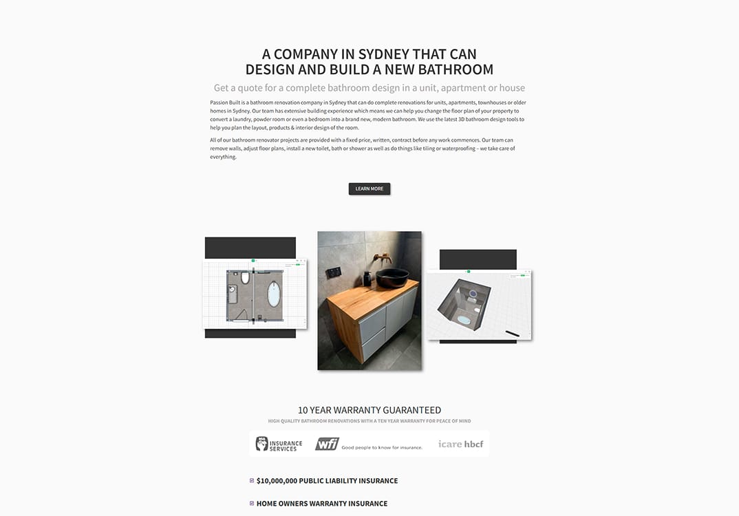 Alt text: A bathroom renovation company in Sydney offers design and build services, showcasing a 3D design tool for bathroom layouts, featuring a modern sink and cabinetry.