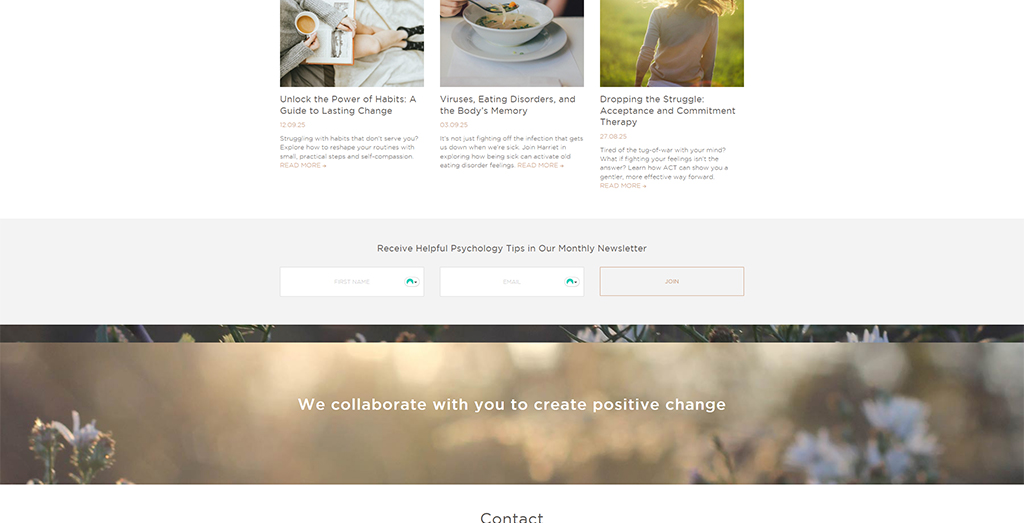 Website homepage featuring articles on psychology, habits, eating disorders, and acceptance therapy, with a newsletter sign-up section and a call to action for positive change.