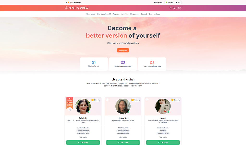 Homepage of Psychic World featuring a welcoming message to become a better version of oneself through live chats with screened psychics. The layout includes options to sign up for free, redeem offers, and start spiritual chats, showcasing profiles of available psychics with their specialties and chat rates.
