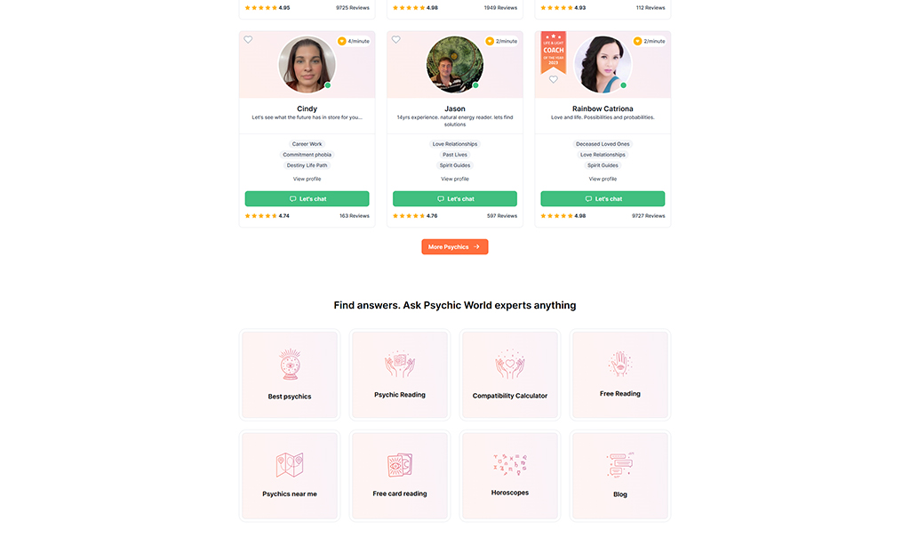 Image showcasing psychic experts on Psychic World platform, featuring profiles of three psychics: Cindy, Jason, and Rainbow Catriona, along with their ratings and specialties. The bottom section includes icons for services like best psychics, psychic readings, compatibility calculator, free readings, and more.