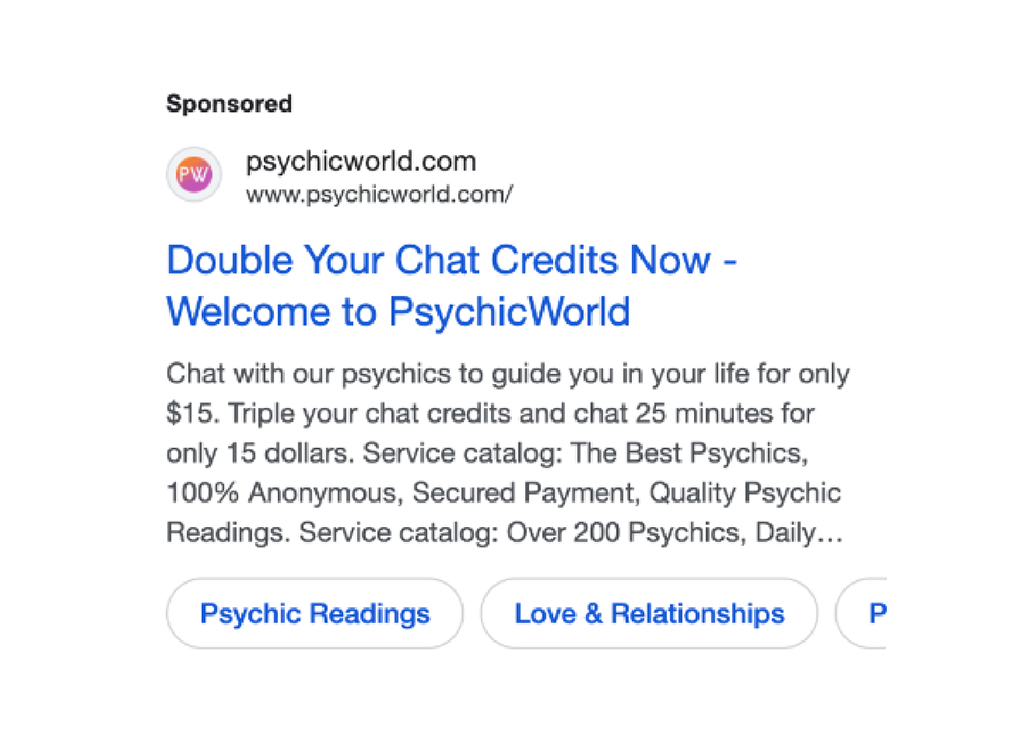 Sponsored advertisement for Psychic World offering discounted chat credits for psychic readings. Users can chat for 25 minutes for $15, with options for anonymous and secure payments.