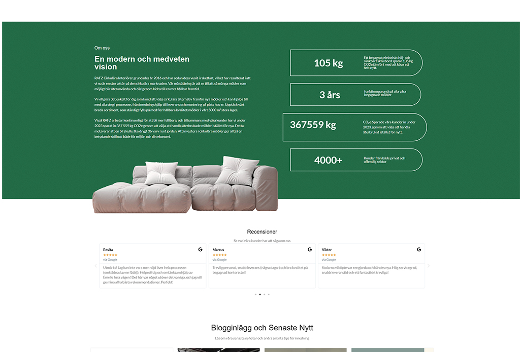 Modern sustainable furniture showcased on a website with statistics about environmental impact, customer reviews, and company values. The image features a stylish, plush sofa in a minimalist setting with a green background, emphasizing eco-friendly design and customer satisfaction.