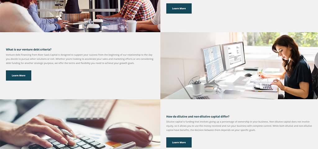 A collage of business professionals engaged in discussions and analyzing data on computers, highlighting venture debt financing and the differences between dilutive and non-dilutive capital options for business growth.