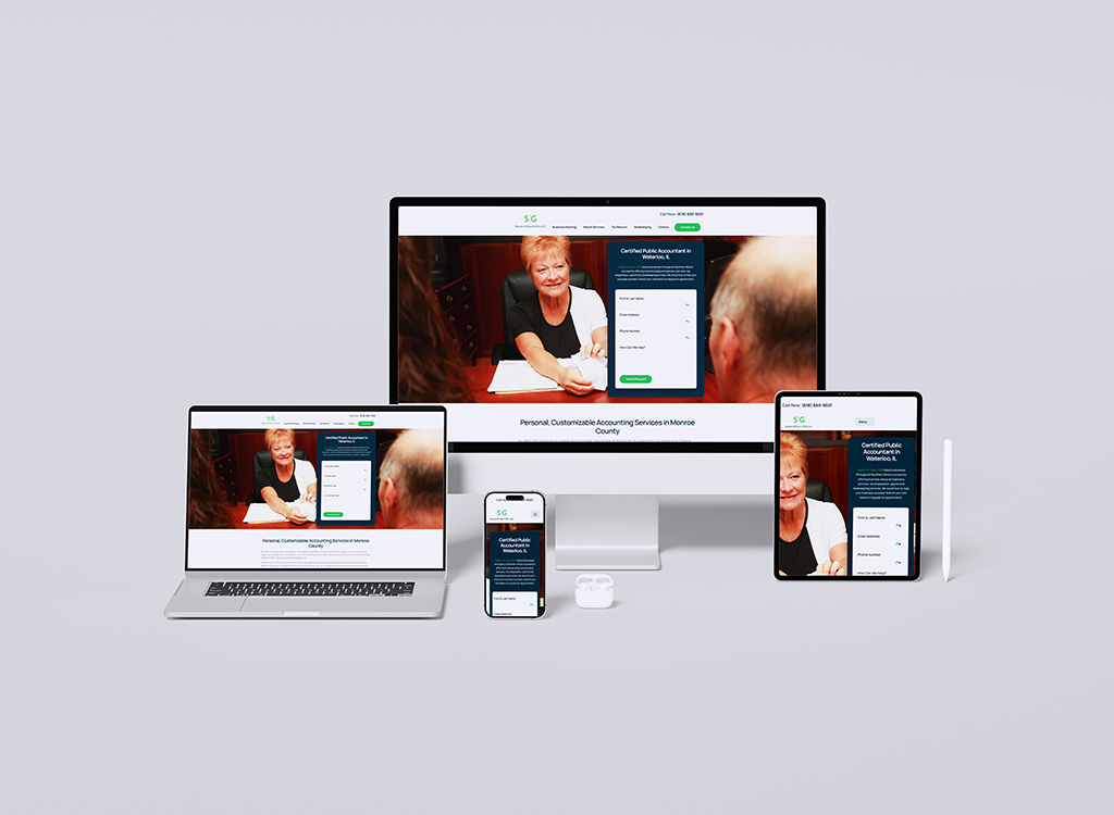 Image showcasing a responsive website design for personalized accounting services, displayed on multiple devices including a desktop, laptop, tablet, and smartphone. The website features a friendly accountant, emphasizing customizable services in Monroe County.