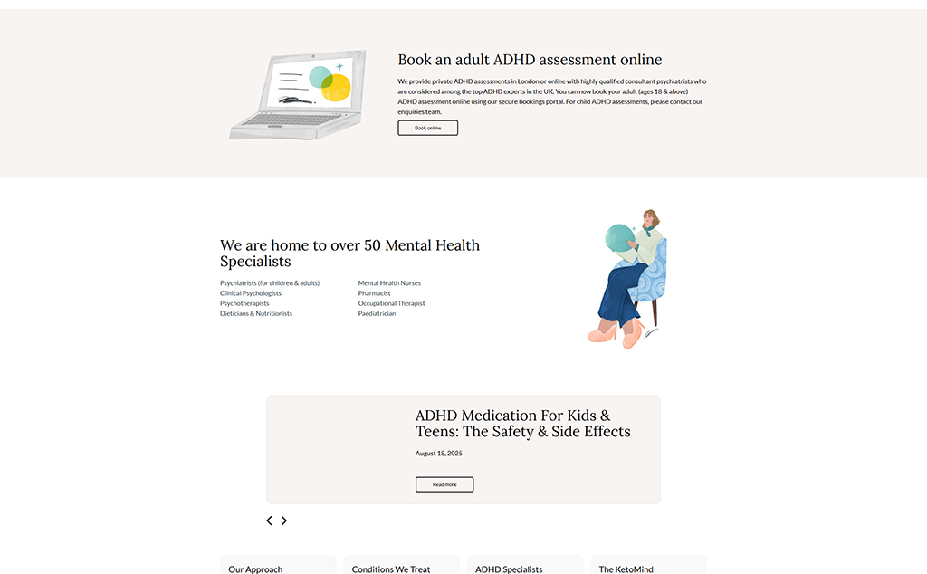 Image of a laptop displaying an online booking interface for adult ADHD assessments, accompanied by illustrations of mental health professionals, highlighting a range of specialists including psychiatrists, psychologists, and therapists, promoting accessible mental health care services.