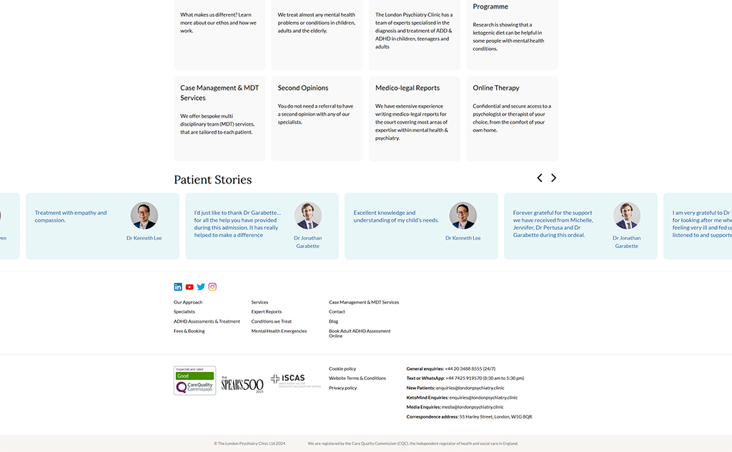 Home page of a healthcare website featuring various services, including therapy options and patient testimonials, along with contact information and social media links.