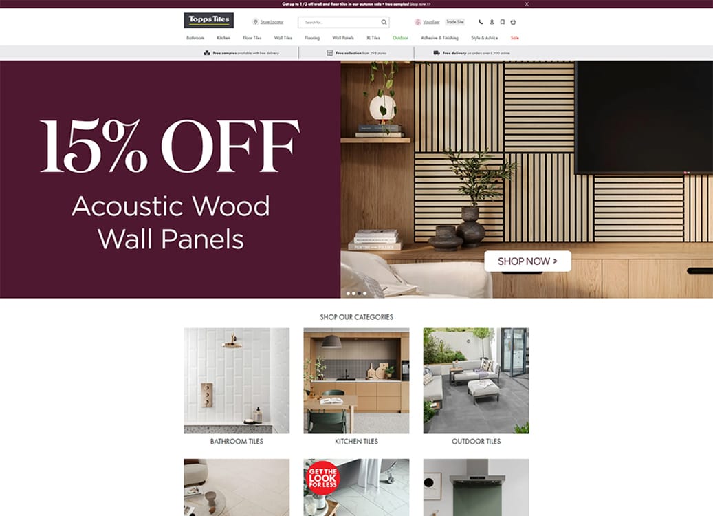 Promotional banner for Topps Tiles featuring a 15% discount on acoustic wood wall panels, with a stylish interior setting showcasing the product.