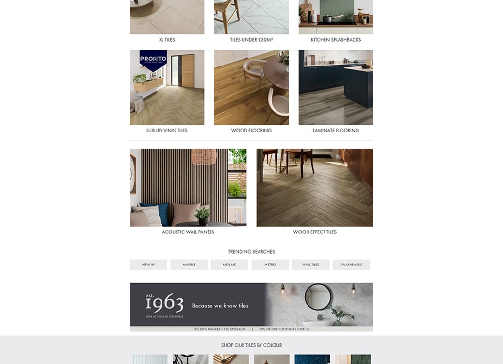 A collage of various tile options including XL tiles, luxury vinyl tiles, wood flooring, laminate flooring, acoustic wall panels, and wood effect tiles, showcasing modern design trends for home interiors.
