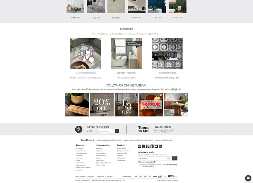 Website homepage layout featuring a variety of tile options, promotional offers, and links to social media for home improvement inspiration. Includes sections for visualizing home projects, customer galleries, and blog updates on the latest trends.