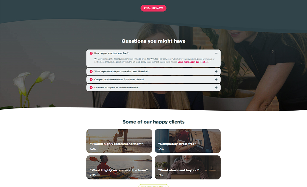Alt text: Screenshot of a law firm's website featuring a FAQ section addressing common client inquiries about fee structure, experience, references, and initial consultation costs, along with testimonials from satisfied clients.