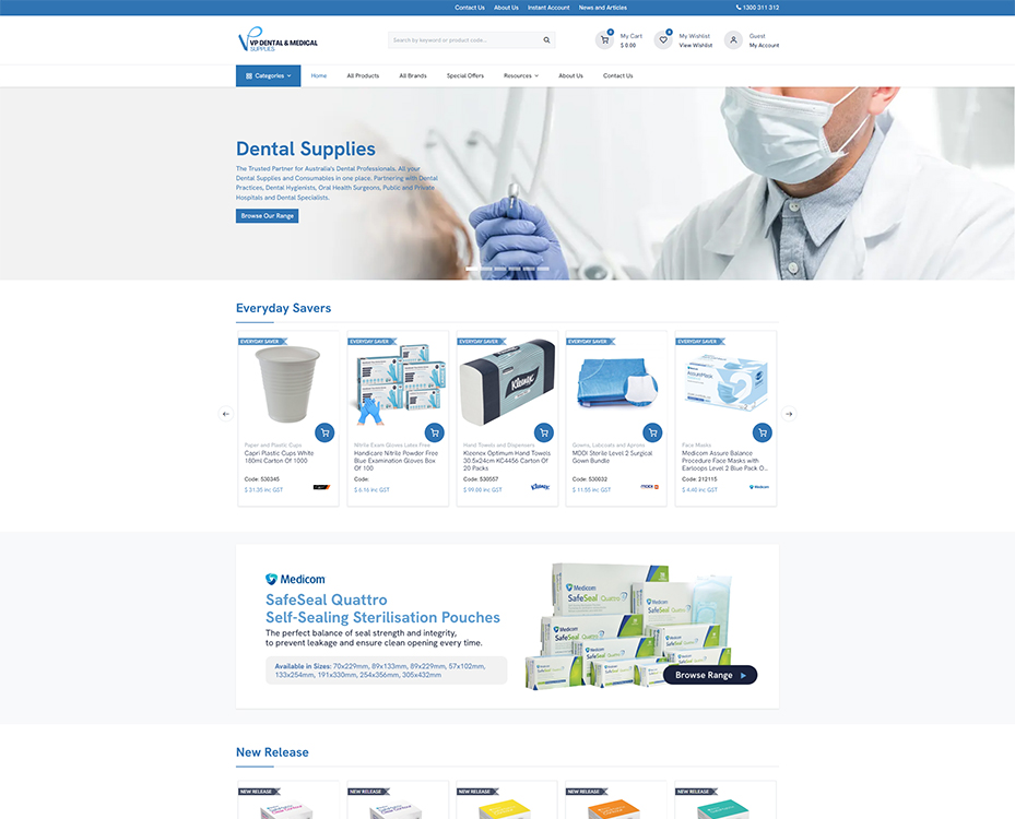 Dental supplies website homepage featuring a range of products for dental professionals, including everyday savings on essential items such as cups, gloves, and sterilization pouches. The layout includes sections for new releases and featured products, emphasizing quality and reliability in dental practice supplies.