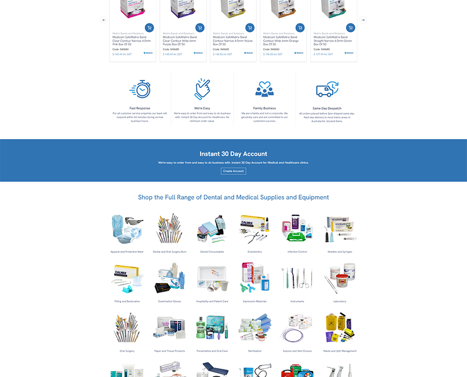 Image showcasing a variety of dental and medical supplies available for purchase, including surgical instruments, protective gear, dental consumables, and infection control products. The layout highlights product categories and promotes ease of ordering with an instant account setup for healthcare professionals.
