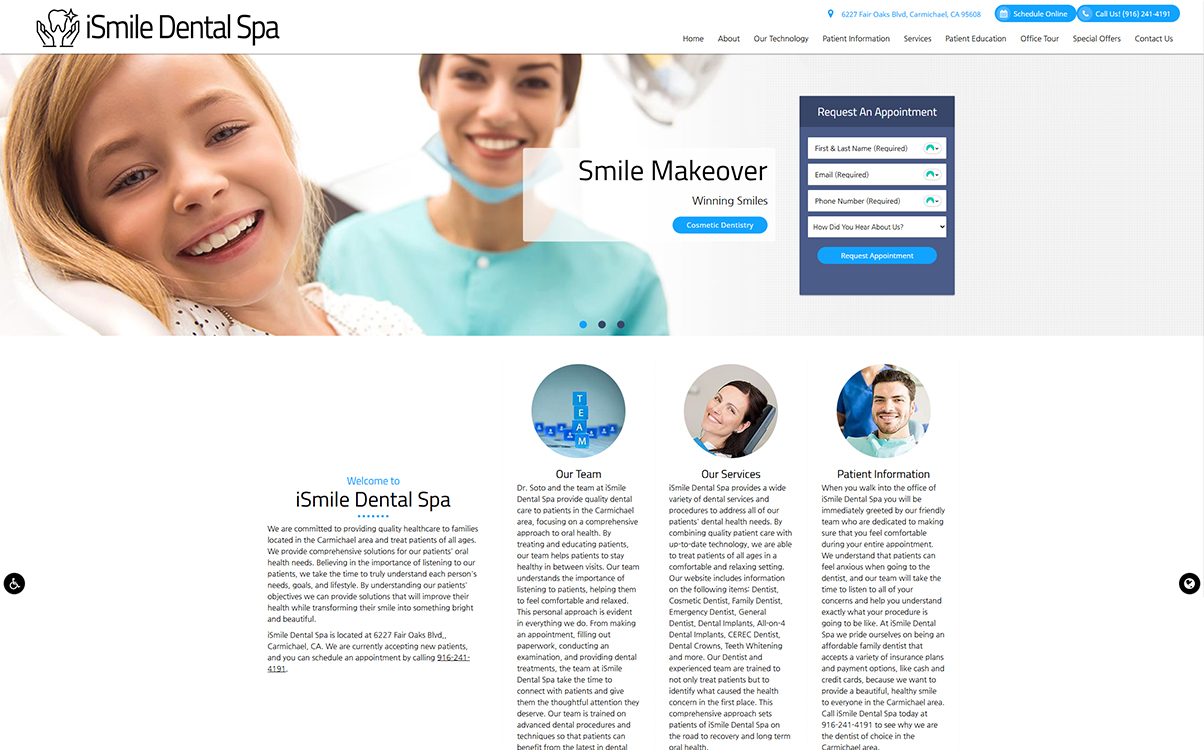 Smiling patient receiving dental care at iSmile Dental Spa, showcasing a welcoming environment and professional dental services. The website features options for appointment requests and information on cosmetic dentistry and patient care.