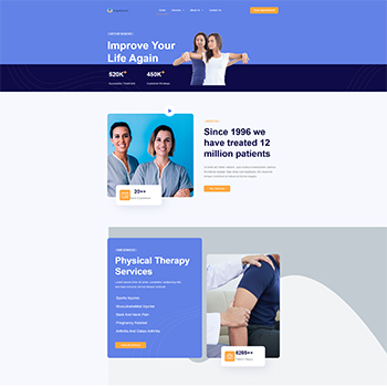 Homepage of a physical therapy clinic featuring a welcoming design, showcasing healthcare professionals, patient testimonials, and services offered, emphasizing patient recovery and well-being.