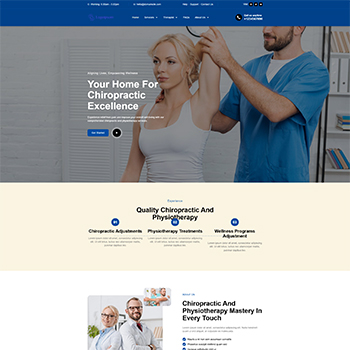 Chiropractic clinic homepage featuring a chiropractor assisting a female patient with a spinal adjustment, showcasing services like chiropractic adjustments, physiotherapy treatments, and wellness programs.